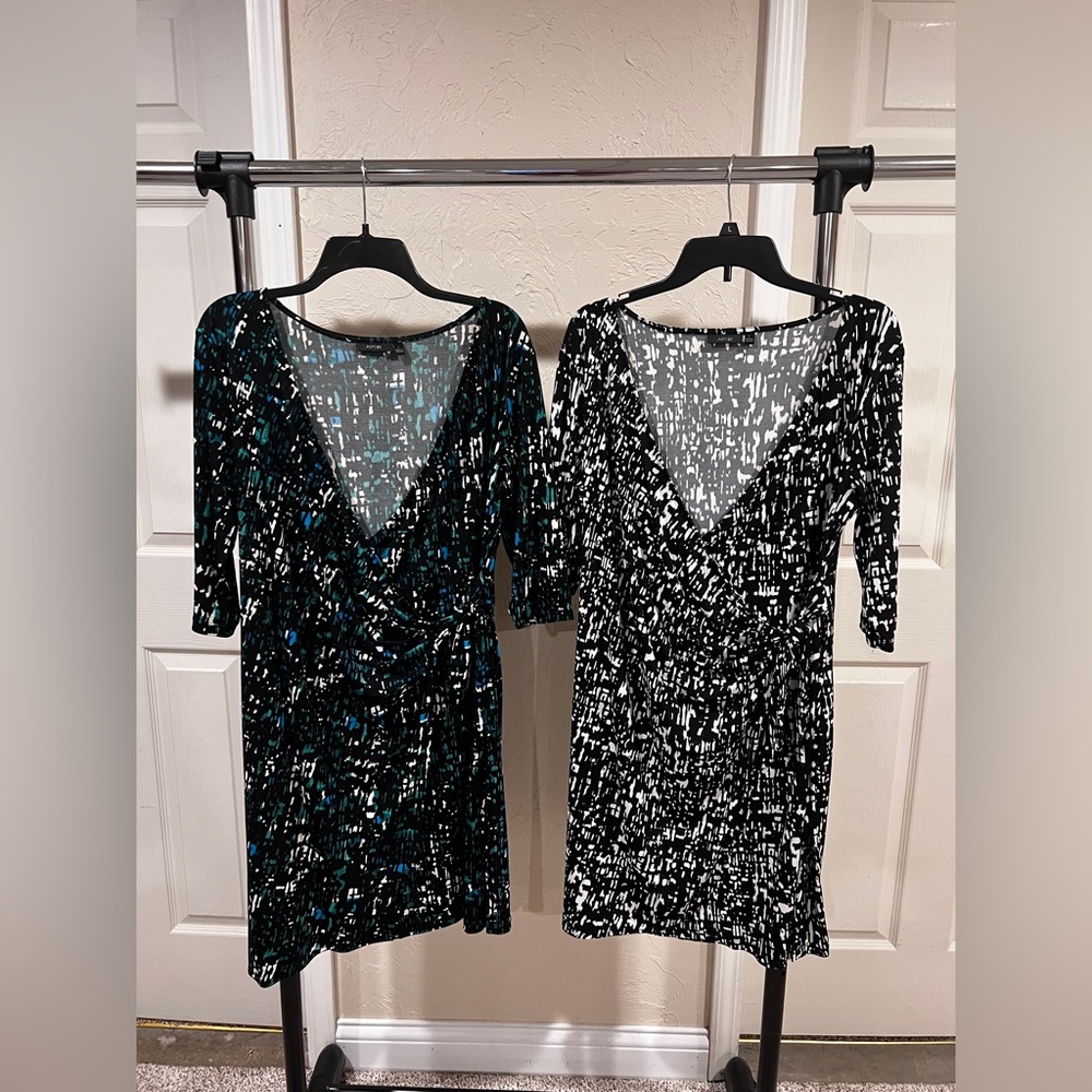Stylish Black & White and a Black/Blue/Green/White Patterned Faux Wrap Dresses